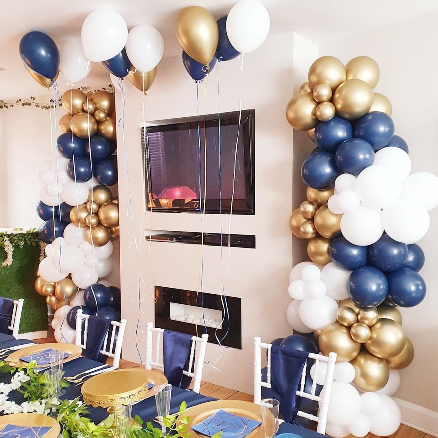 COKAOBE Navy Blue Gold Balloon Garland Arch Kit, 124pcs Royal Blue White Gold Confetti Latex Balloons for Graduation Birthday Baby Shower Wedding Engagements Anniversary Celebrations Party Decorations