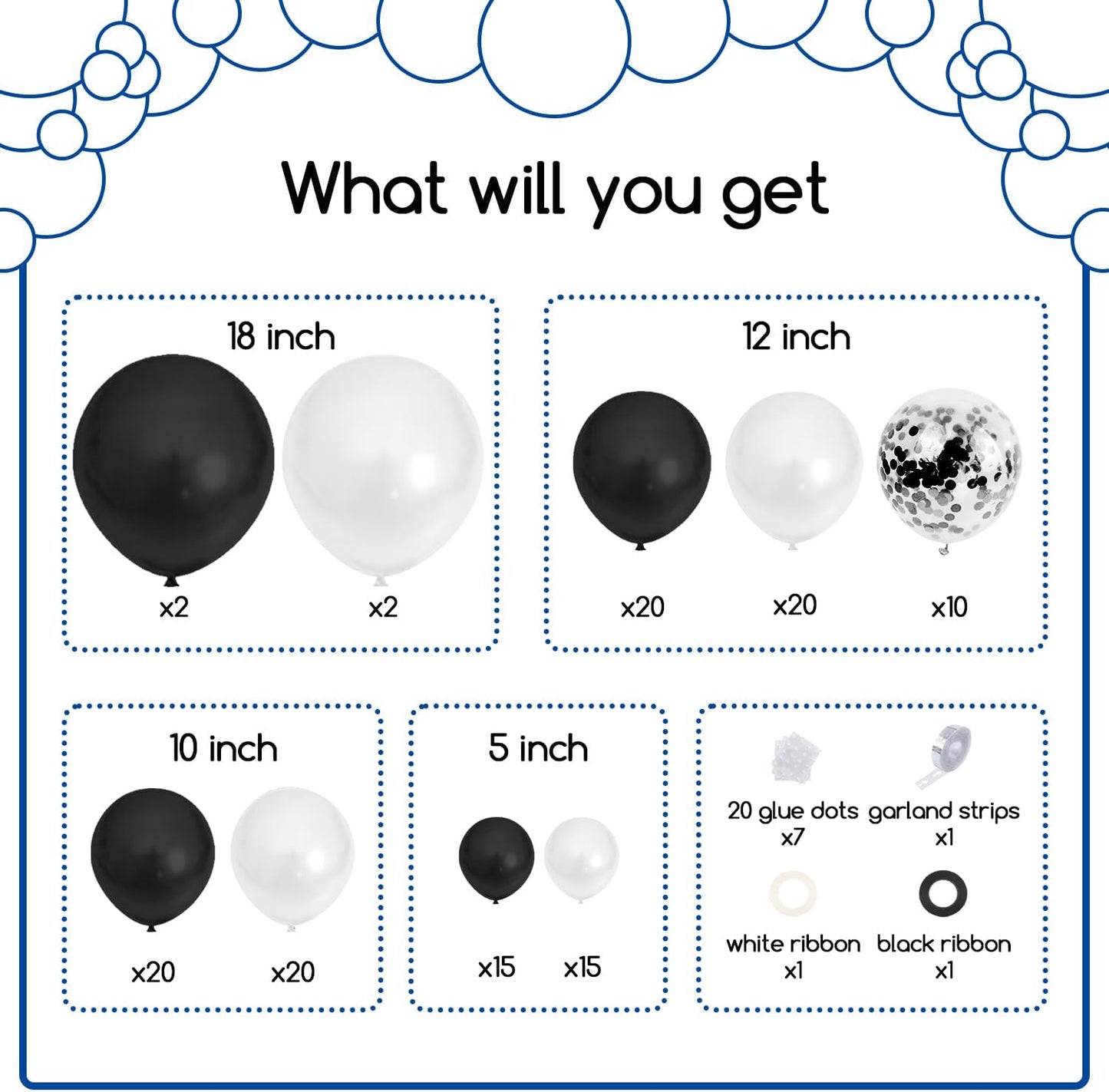 COKAOBE Black and White Balloon Garland Arch Kit, 124pcs White Black Confetti Latex Balloons for Baby Shower Birthday Graduation Wedding Engagements Anniversary Celebrations Party Decorations