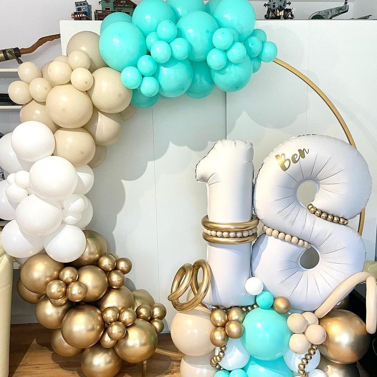 COKAOBE Teal Balloons Garland Kit, 124pcs Turquoise Blue White Metallic Gold Confetti Balloon Arch Kit for Wedding, Engagements Birthday Graduation Baby Shower Celebrations Party Decorations