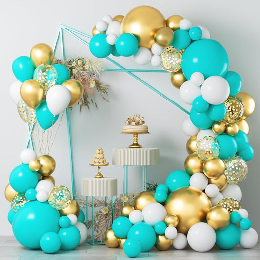 COKAOBE Teal Balloons Garland Kit, 124pcs Turquoise Blue White Metallic Gold Confetti Balloon Arch Kit for Wedding, Engagements Birthday Graduation Baby Shower Celebrations Party Decorations