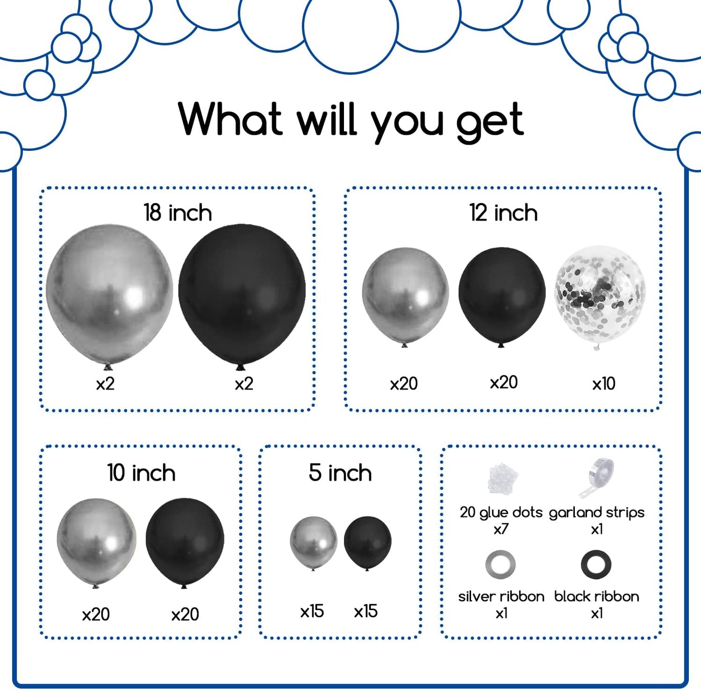 COKAOBE Black and Silver Balloons Garland Kit, 124pcs Black Metallic Silver Confetti Balloon Arch Kit for Wedding Engagements Birthday Graduation Baby Shower Celebrations Anniversary Party Decorations