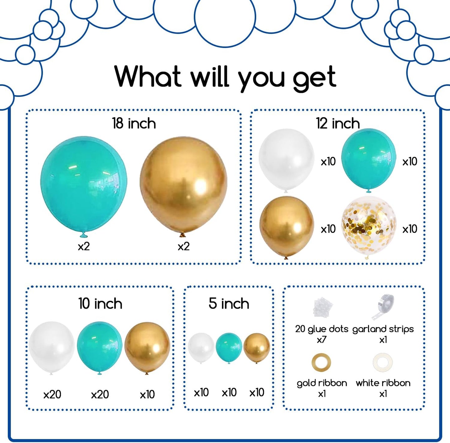 COKAOBE Teal Balloons Garland Kit, 124pcs Turquoise Blue White Metallic Gold Confetti Balloon Arch Kit for Wedding, Engagements Birthday Graduation Baby Shower Celebrations Party Decorations
