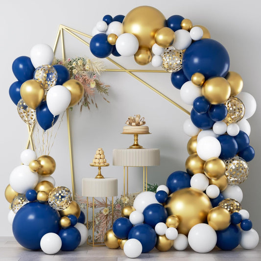 COKAOBE Navy Blue Gold Balloon Garland Arch Kit, 124pcs Royal Blue White Gold Confetti Latex Balloons for Graduation Birthday Baby Shower Wedding Engagements Anniversary Celebrations Party Decorations