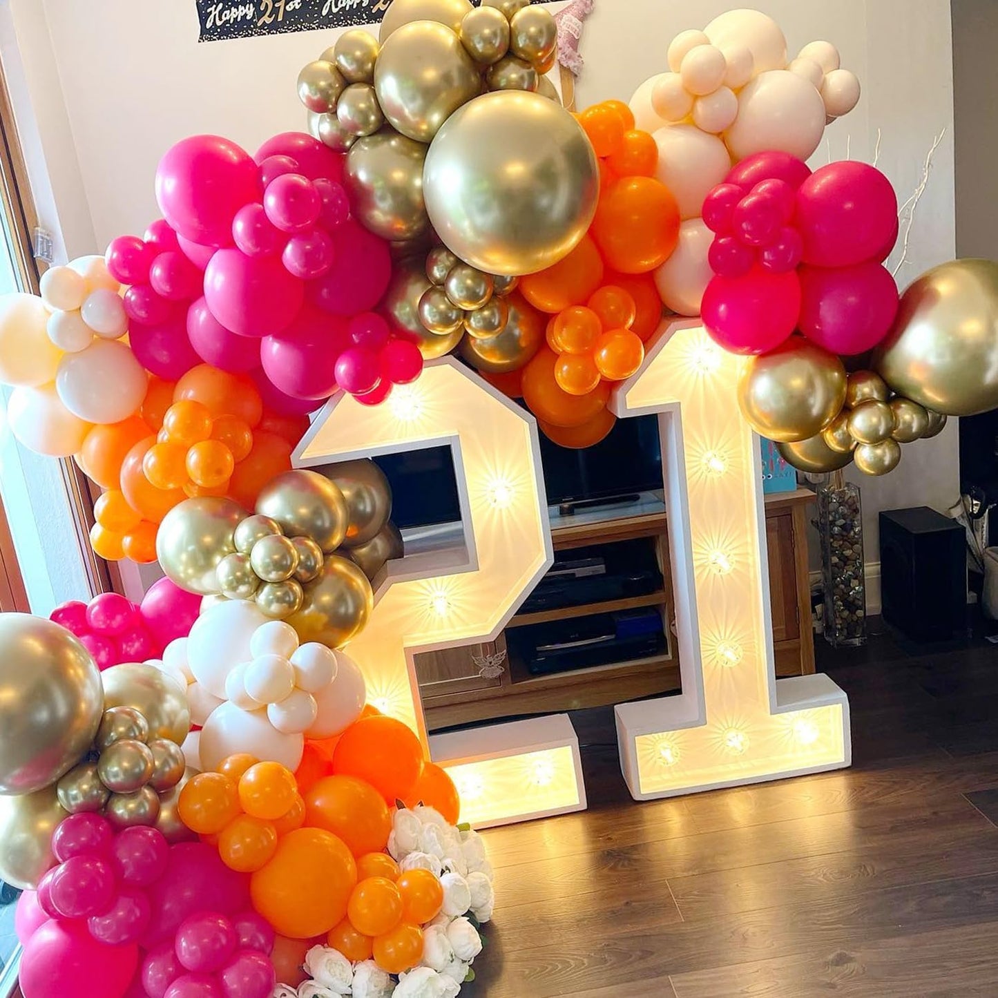 COKAOBE Pink Orange Balloon Garland Arch Kit, 124pcs Hot Pink Orange Chrome Metallic Gold Latex Balloons for Birthday Wedding Baby Shower Tropical Party Supplies Summer Party Decorations