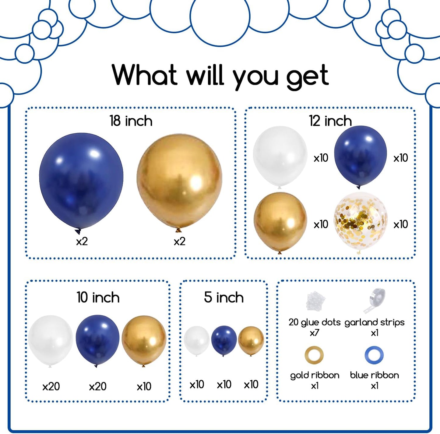 COKAOBE Navy Blue Gold Balloon Garland Arch Kit, 124pcs Royal Blue White Gold Confetti Latex Balloons for Graduation Birthday Baby Shower Wedding Engagements Anniversary Celebrations Party Decorations